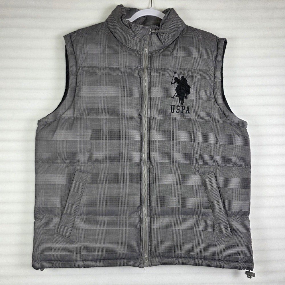 US Polo Assn Puffer Vest Mens L Gray Plaid 10-8766-R2 Preppy Dark Academia Y2K